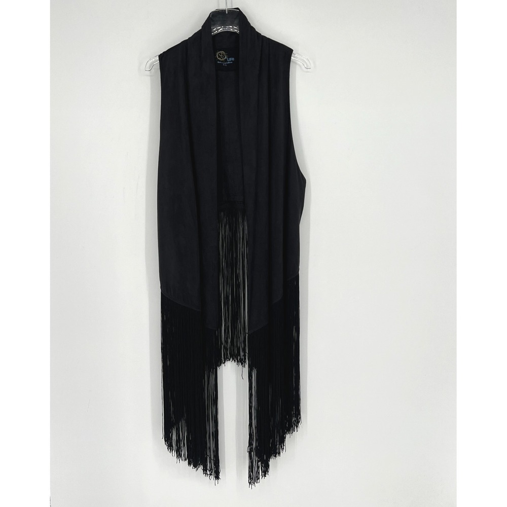 Blue Life Fringed Vest Womens M/L Black Boho Festival Western Hippie Planet Blue